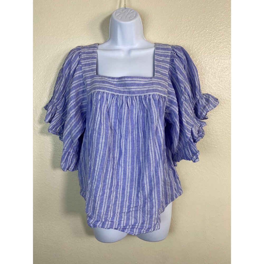 Beachlunchlounge Blue White Striped Linen Cotton Square Neck Ruffle Top sz Large